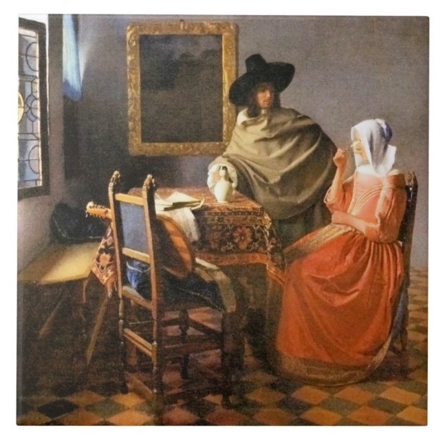 Carreau Vermeer - Le verre de vin, célèbre peinture (Devant)