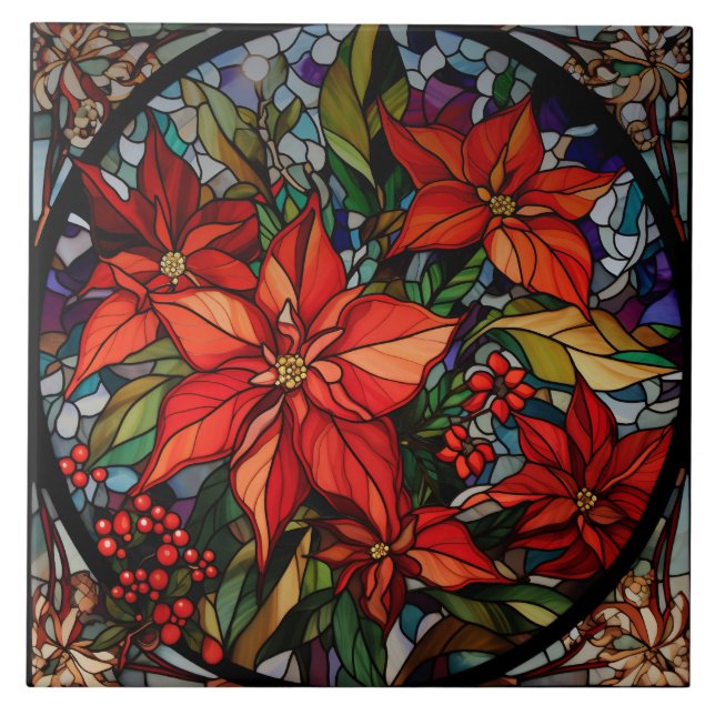 Carreau Verre coloré Style Poinsettias & Holly (Devant)