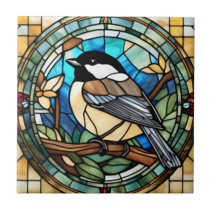 Carreau Verre De Chickadee Faux Tiré Grande Tite Oiseau