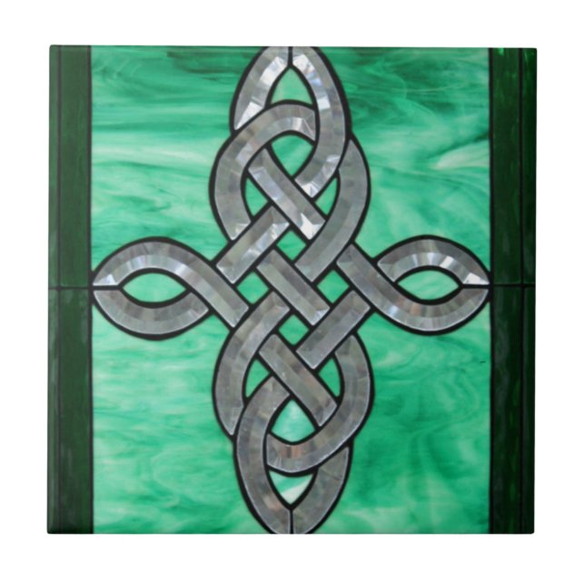 Carreau verre souillé de noeud d'argent celtique de vert (Devant)