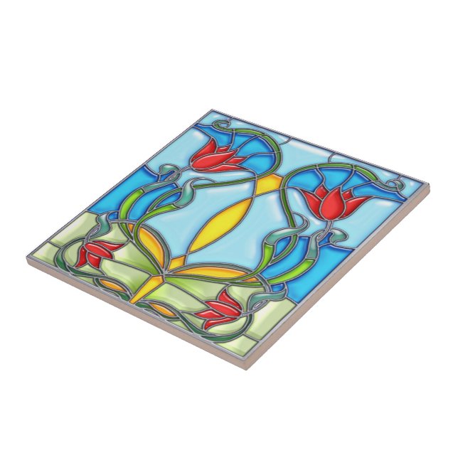 Carreau Verre souillé de quatre tulipes rouges (Côté)