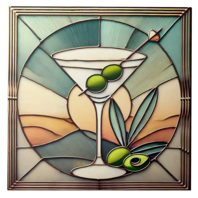 Carreau Verre teinté du milieu du siècle 2 Martini olive (Devant)