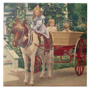 Carreau vers 1910 enfants et charrue à cheval