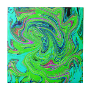 Carreau Vert Lime et Groovy Art Abstrait Rétro Bleu