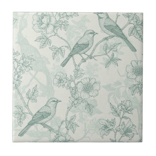 Carreau Vert menthe toile de Jouy française oiseaux et fle