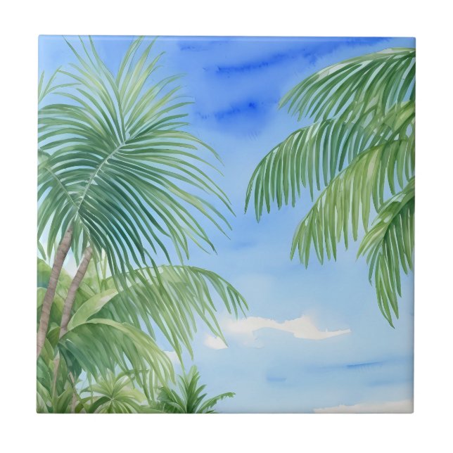 Carreau Vert Palm Tree Feuille Ciel bleu Aquarelle (Devant)