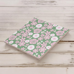 Carreau Vert rose blanc rétro Y2K les années 70 Fleur Moti