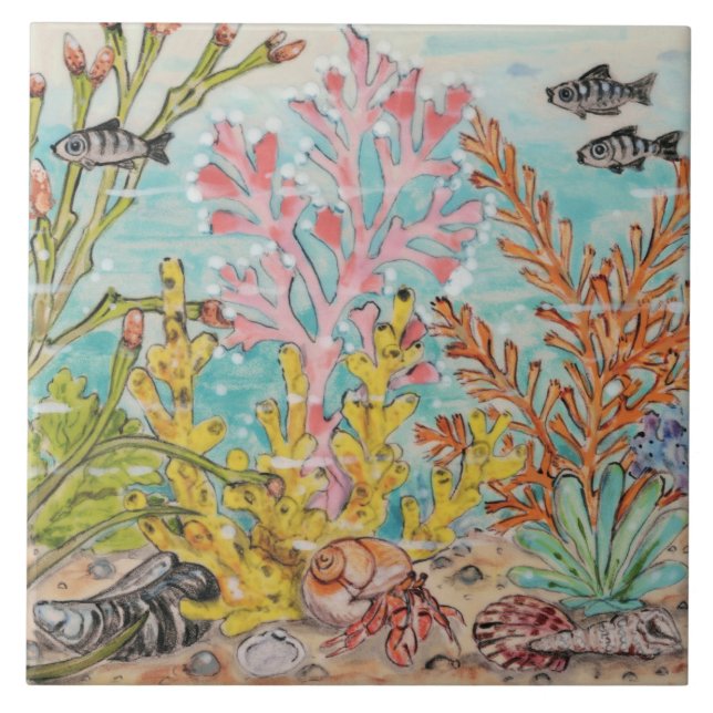 Carreau Vie marine Hermite Crabe Poisson Corail Océan Peur (Devant)
