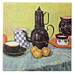Carreau Vie morte avec Café en émail bleu