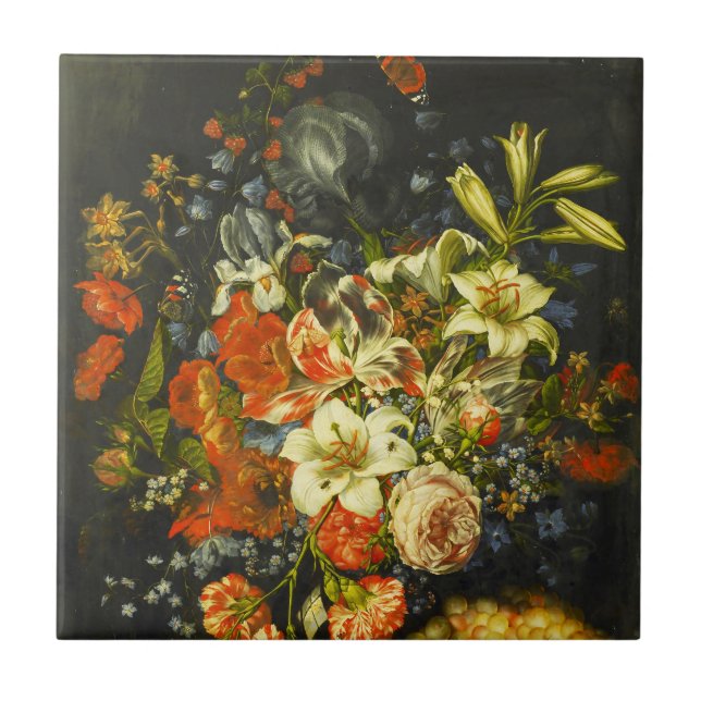 Carreau Vie morte avec fleurs et fruits (Devant)