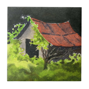 Carreau Vieille cabane avec vignes et ciel sombre orageux
