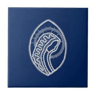 Carreau Vierge Marie, dentelle blanche, bleu marine