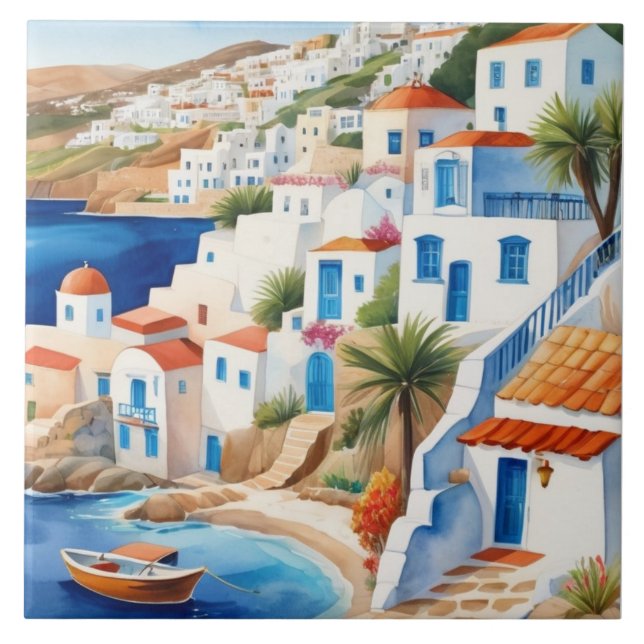 Carreau Village grec en bord de mer, Grèce Voyage Souvenir (Devant)