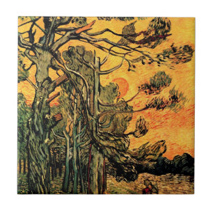 Carreau Vincent Van Gogh - Pins Arbres Contre Un Ciel Roug