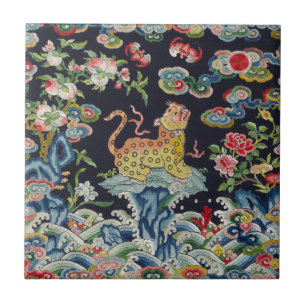 Carreau vintage antique leopard flowers embroidery textile