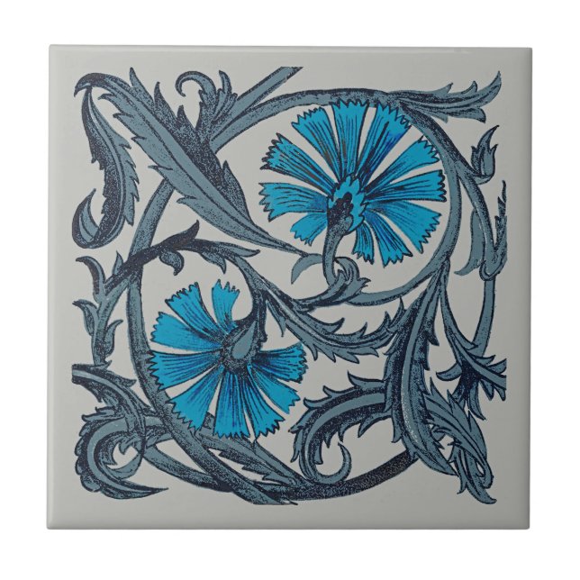 Carreau vintage bleu antique fleurs artisanat rustique (Devant)