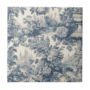 Carreau Vintage chic floral Bleu toile de jouy monogramme