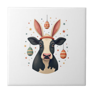 Carreau Vintage Easter Cow Bunny Ears Cute Farm Animal Egg