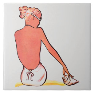 Carreau Vintage fille de plage avec coquillage été élégant