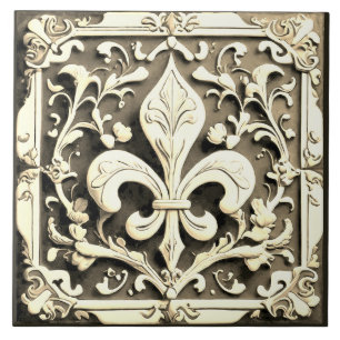 Carreau Vintage Fleur de Lis noir et blanc jauni