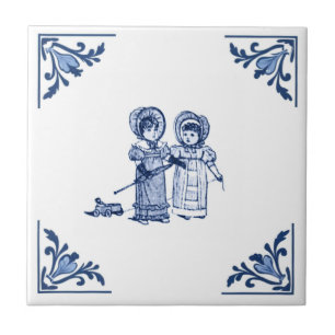 Carreau Vintage Girls & Toy Car Delft Corner Bleu & Blanc