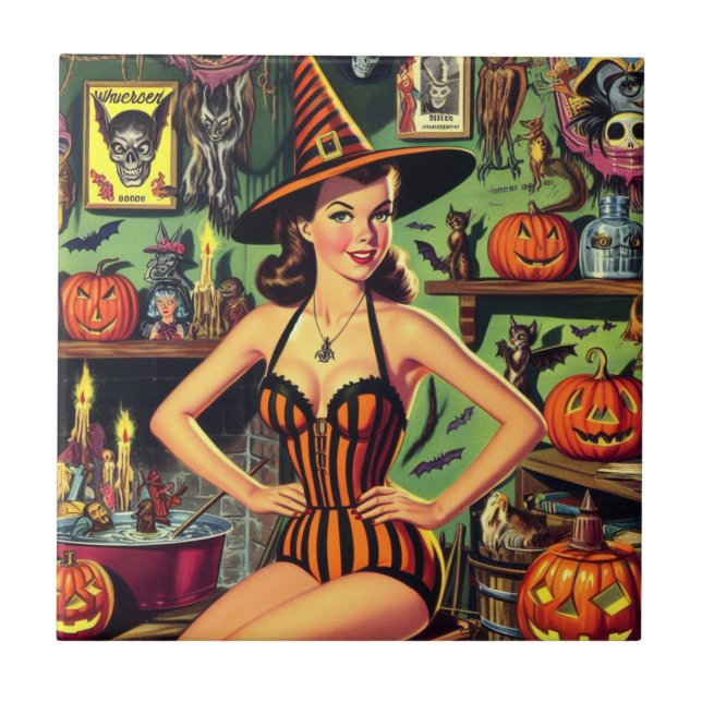Carreau Vintage Halloween mignonne sorcière Pinup (Devant)