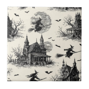 Carreau Vintage Haunted House and Witch Toile Motif (2)