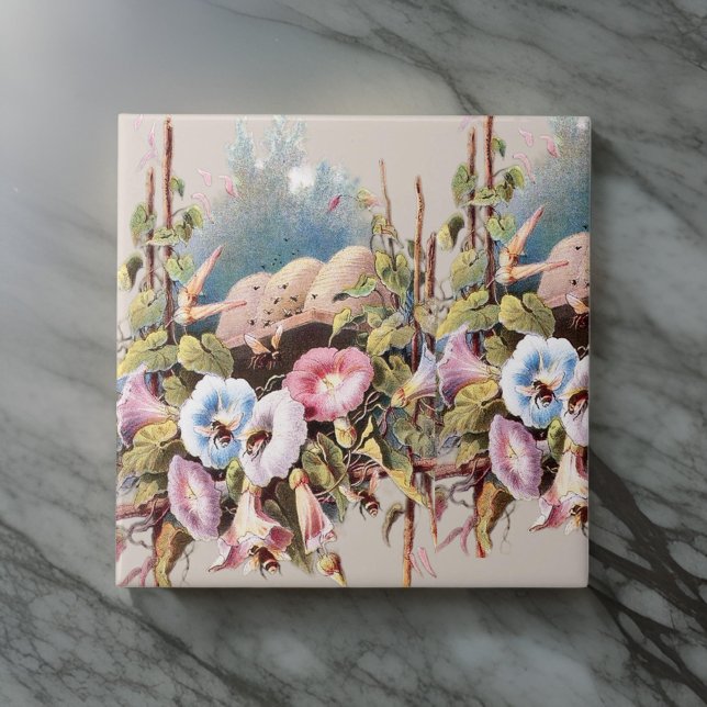 Carreau Vintage HoneyBees Flower Garden Pastels | (Créateur téléchargé)