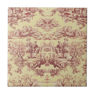 Carreau Vintage lac jaune rouge toile de jouy monogramme
