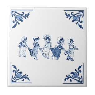 Carreau Vintage ligne mignonne filles Delft bleu & blanc