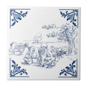 Carreau Vintage Milksirènes Vaches laitières Delft Bleu Bl