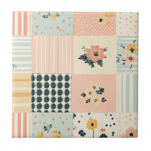 Carreau Vintage Motif de Patchwork Floral - Pastel (12)