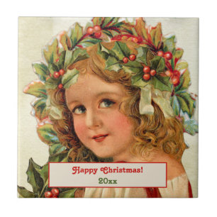 Carreau Vintage Noël Enfant Holly Feuilles dans ses cheveu