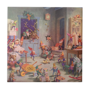 Carreau Vintage Noël, Santa Claus avec Elves Atelier