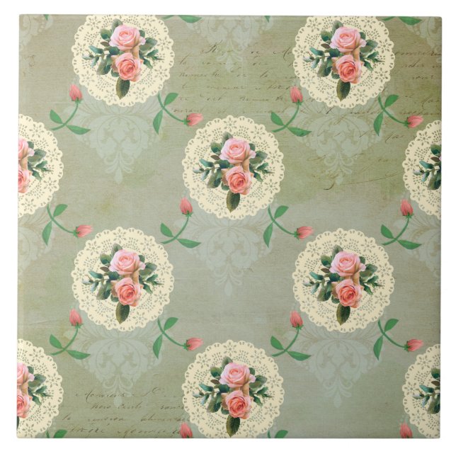 Carreau Vintage Rose Doiliers Faded Smoky Green Damask (Devant)
