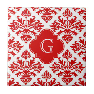 Carreau Vintage rouge floral Damask #3 avec Monogram LG