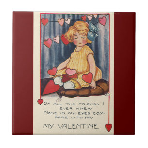Carreau Vintage Saint Valentin, Fille aux Coeurs rouges