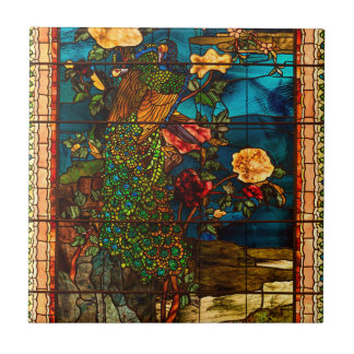 Carreau Vintage Stained Glass with Peacocks and Flowers