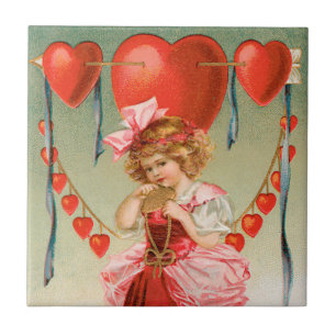 Carreau Vintage Valentines Day, Victorian Girl with Heart