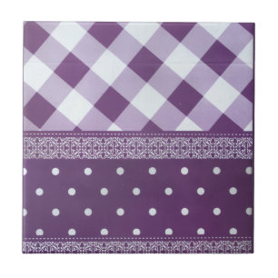 Carreau Violet blanc À damiers Polka Dot Floral Damask Art