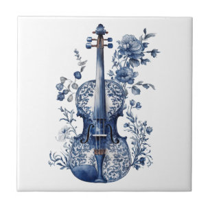 Carreau Violon de style Delft bleu et blanc avec fleurs