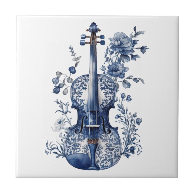 Carreau Violon de style Delft bleu et blanc avec fleurs (Devant)