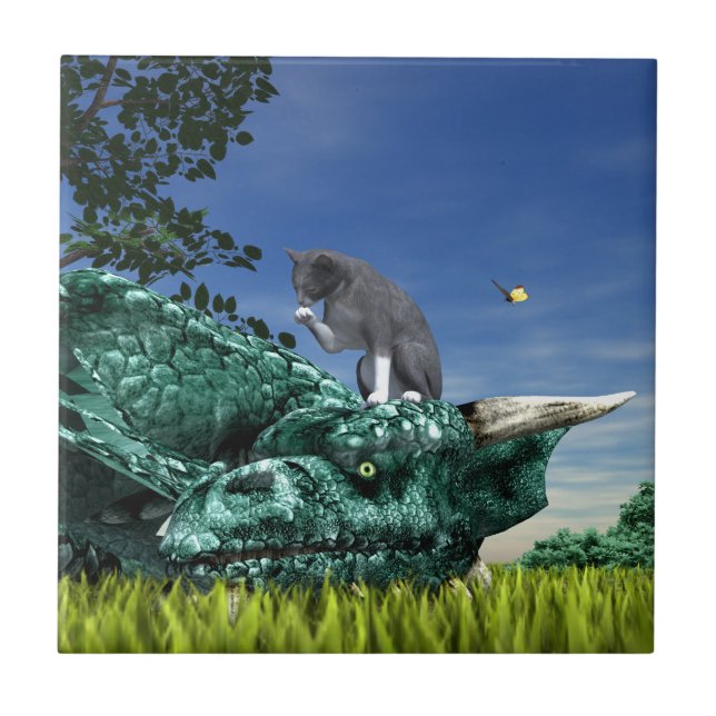 Carreau Visiteur surprise - Chat mignon sur la tête du dra (Devant)