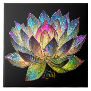 Carreau Vitrail Fleur de Lotus Colorée sur Fond Noir