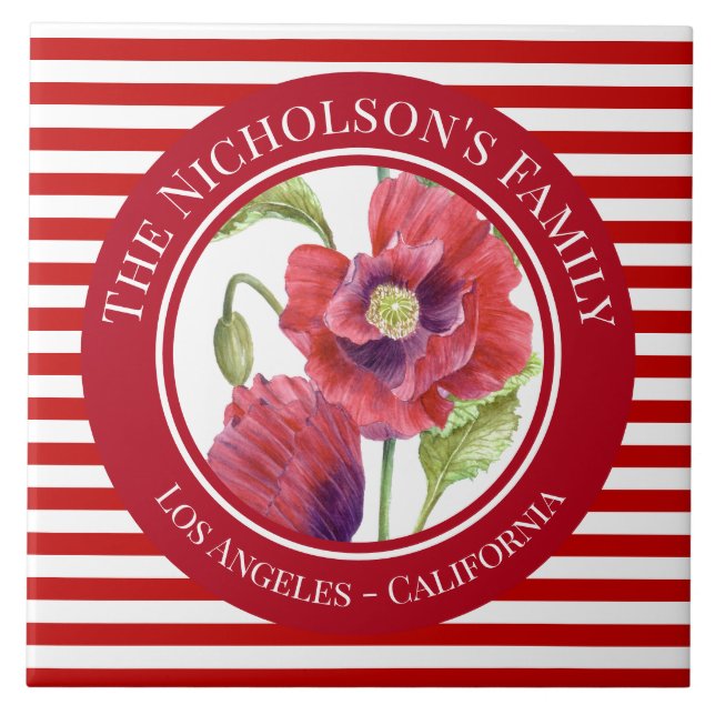 Carreau Vivid Red Poppies Floral Cercle Blanc rayures (Devant)
