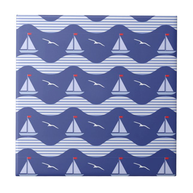 Carreau Voiliers sur un motif rayé de mer (Devant)