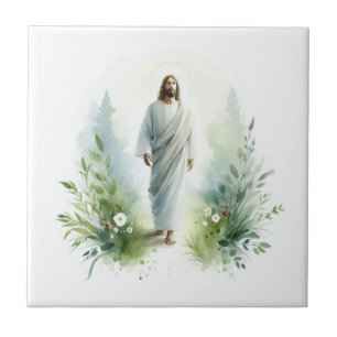 Carreau Watercolor Jesus Christ with Botanical Elements –
