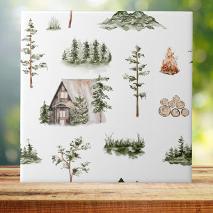 Carreau Watercolor Mountain Cabine Forest Motif sans coutu