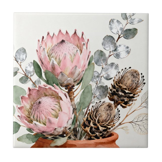 Carreau Watercolor Protea Eucalyptus Arrangement (Devant)