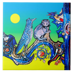 CARREAU WEIRD MÉDIÉVAL NUIT BLEUE CHAT, OISEAU DE CUCKOO